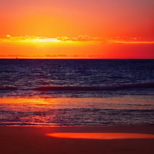 Prompt: beautiful sunset ocean shore line, palm trees, orange, red, blue sky