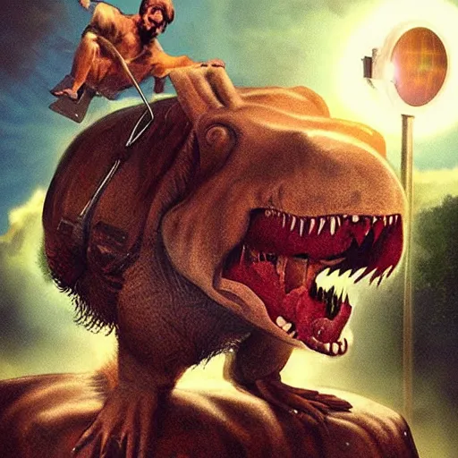 Image similar to jesus christ riding a trex, amazing lighting, heavenly