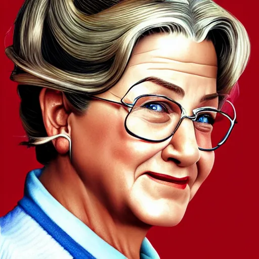 Image similar to jennifer aniston as mrs doubtfire, pixar cute, highly detailed, sharp focus, digital painting, artwork by Victor Adame Minguez + Yuumei + Tom Lovell + Sandro Botticelli