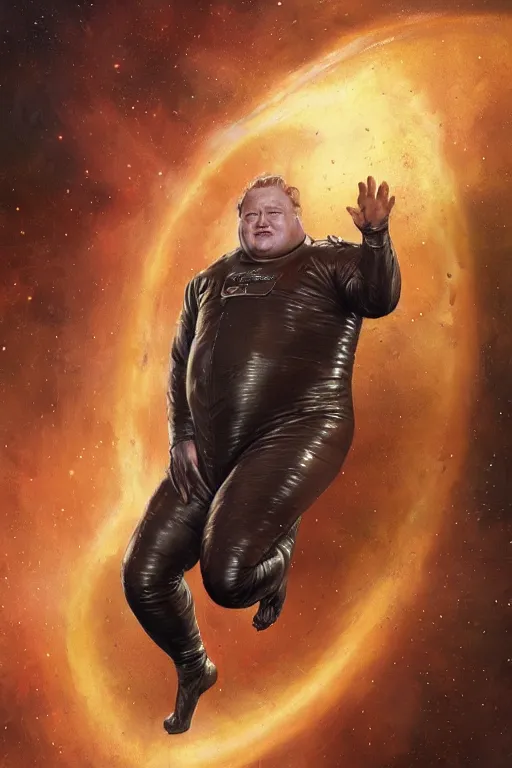 Image similar to portrait of baron harkonnen floating in the air wearing leather spacesuit, detailed, nebula space background, illustration by normal rockwell, artstation character art, john william waterhouse, concept art, greg rutkowski