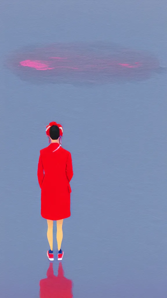 Image similar to wide shot rear view slr photographer woman hair in a bun kanzashi long red coat sneakers looking out over a placid lake, a character design painting, in the style of wes anderson, lola dupre, david hockney, isolated on negative white space background dark monochrome neon fluorescent spraypaint accents volumetric octane render