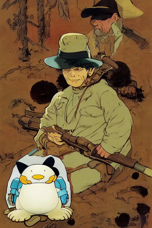 Prompt: full page illustration, a proud hunter wearing a pith hat sitting in front of the big snorlax he killed, by jean giraud, Katsuhiro Otomo, Geof Darrow, Phil hale, Ashley wood, Ilya repin, frank frazetta8k, hd, high resolution