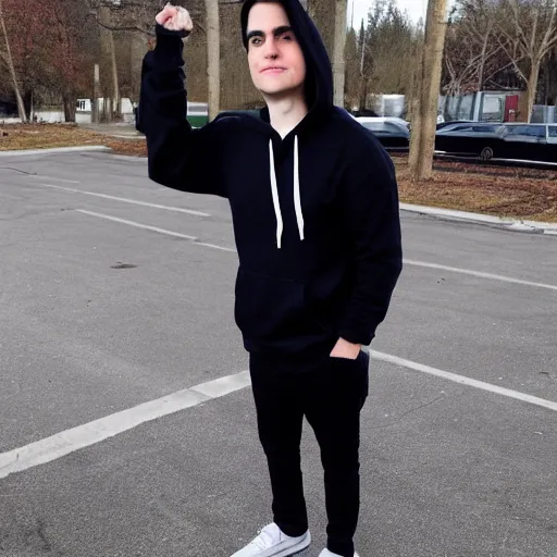 Prompt: full-body shot of emo ben shapiro in a dark hoodie