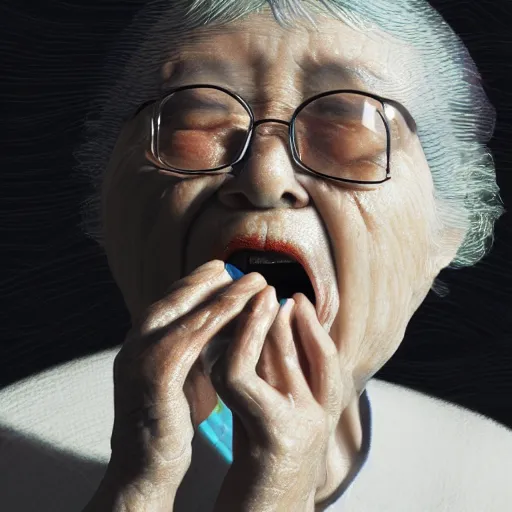 Image similar to closeup of my grandma eating crayons, melting down all over her body, in the style of kawase hasui james jean, artstation trending, 8 k, 3 d render, photorealistic, volumetric lighting caustics, black and white, detailed af