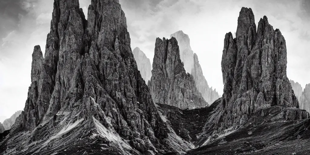 Image similar to photography of dolomites overgrown by roots, dolomites, alpine, detailed intricate insanely detailed octane render, 8k artistic 1920s photography, photorealistic, chiaroscuro, black and white, hd, by David Cronenberg, Raphael, Caravaggio