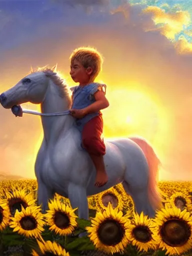 Image similar to a small happy greek todler, riding a white horse in a sunflower field, a giant sun in the background. intricate, elegant, highly detailed, digital painting, artstation, concept art, sharp focus, illustration, by justin gerard and artgerm, 8 k