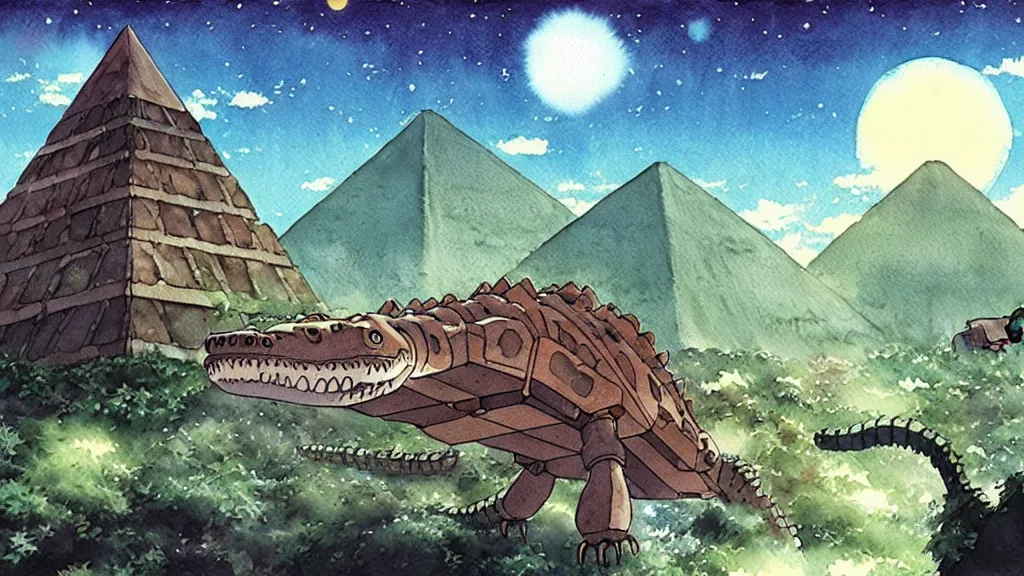 Image similar to a hyperrealist watercolor concept art from a studio ghibli film showing a giant mechanized crocodile from howl's moving castle ( 2 0 0 4 ). a pyramid is under construction in the background, in the rainforest on a misty and starry night. a ufo is in the sky. by studio ghibli