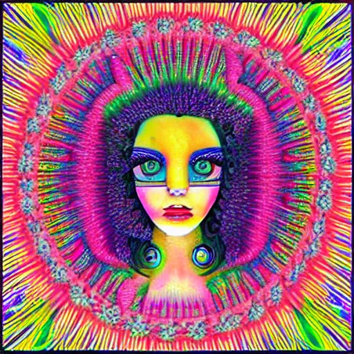 Image similar to beautiful pale brunette with giant dreamy eyes. Lsd blotter art.