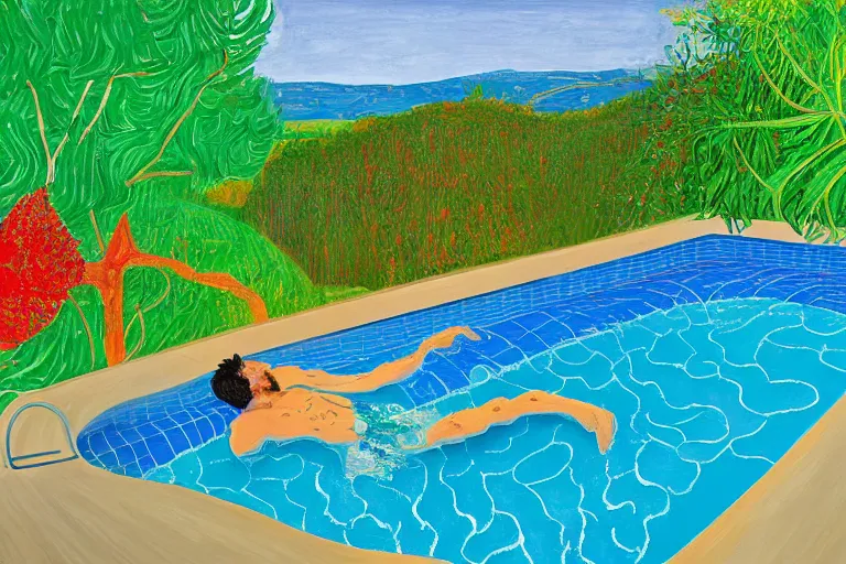 Image similar to justin trudeau sunbathing in a swimming pool in a house in california, summer blue sky, shimmering water, lush trees and bushes garden lawn, by david hockney, peter doig, lucien freud, francis bacon, pop realism, oil on canvas