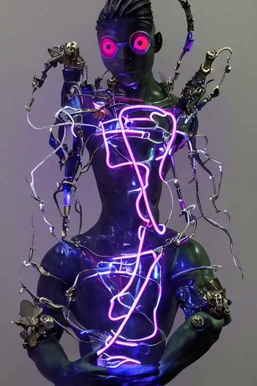 Prompt: full-body neon porcelain bladerunner style sculpture of a young handsome Italian ninja as a half android with a porcelain chest opening exposing circuitry and electric sparks, glowing laser beam eyes, crown of giant diamonds, flowing neon-colored silk, fabric, raptors. baroque elements. full-length view. baroque element. intricate artwork by caravaggio. Very very very very highly detailed epic photo of face. Trending on artstation, octane render, cinematic lighting from the right, hyper realism, octane render, 8k, depth of field, 3D