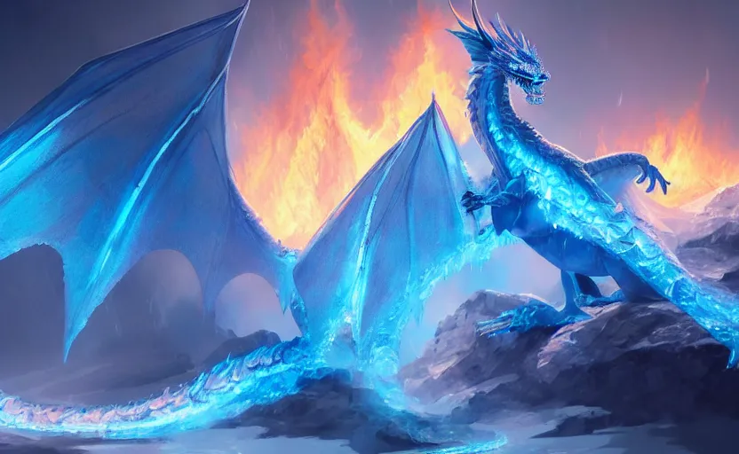 Prompt: An ice dragon breathing blue flames, ice landscape, digital art, artstation, WLOP, CGSociety