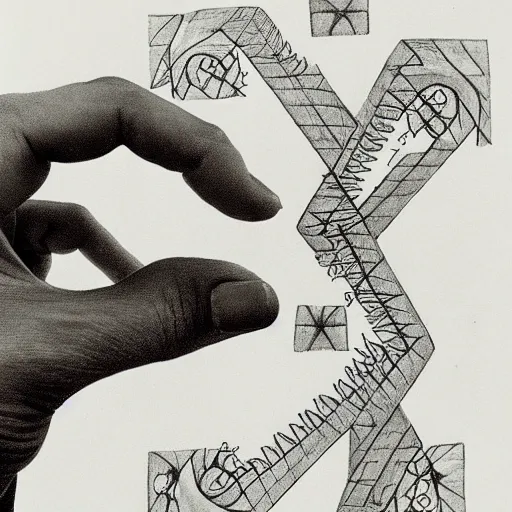 Image similar to M.C. Escher two hands drawing each other with a pencil, with the illusion of being real arms on the edge of the pages