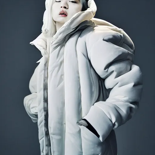 Image similar to well lit fashion shoot portrait of extremely beautiful female marble statue wearing huge over size puffer jacket by dingyun zhang, yeezy, balenciaga, vetements, a cold wall, sharp focus, clear, detailed,, cinematic, detailed, off white, glamourous, symmetrical, vogue, editorial, fashion, magazine shoot, glossy