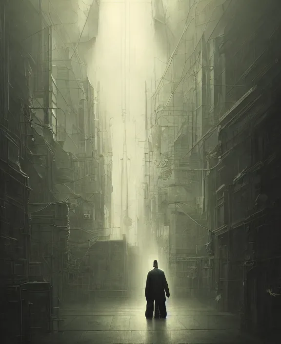 Prompt: a mechanical man in a lab coat standing ominously on a dark and lonely street, by HR Giger and Beksiński and Stephan Martiniere , 4k resolution, detailed, trending on artstation