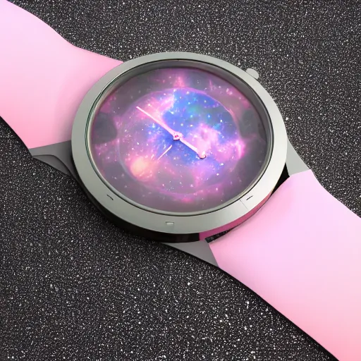 Prompt: astronomical watch made of pink mother - of - pearl, ultra futuristic clear band encrusted with opals, cinema 4 d