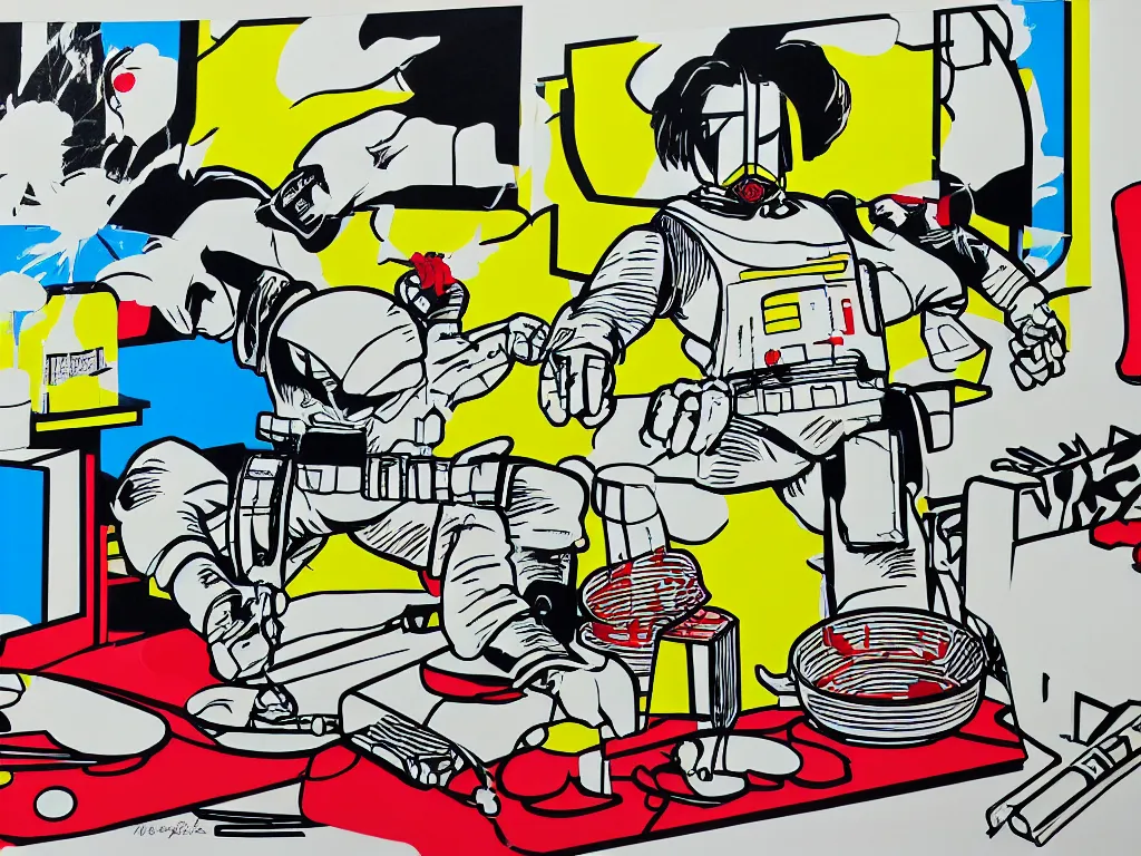 Image similar to hyperrealism composition of the japanese home with a garden, detailed stormtrooper in hot springs, pop - art style, jacky tsai style, andy warhol style, roy lichtenstein style, acrylic on canvas