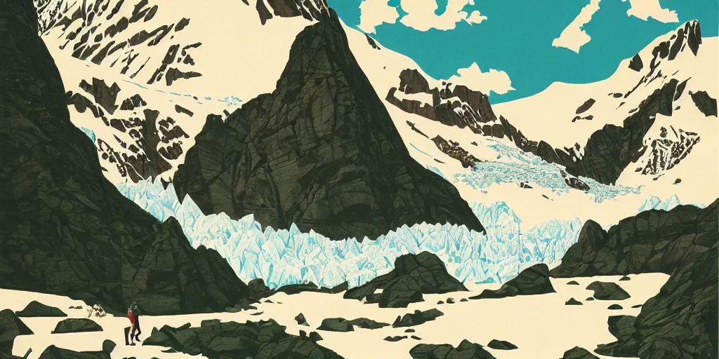 Image similar to beautiful idyllic poster illustration for a craggy ice glacier valley national park by ludwig hohlwein, ludwig hohlwein, graphic, clean bold design