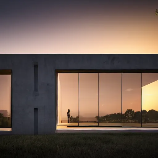 Image similar to extremely detailed non-Euclidean stunning sophisticated beautiful house, stunning volumetric light, sunset, concrete and translucent material, stunning skied, 8k