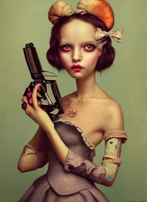 Prompt: pop surrealism, lowbrow art, realistic cute alice girl painting, holding a gun, hyper realism, muted colours, rococo, natalie shau, loreta lux, tom bagshaw, mark ryden, trevor brown style,