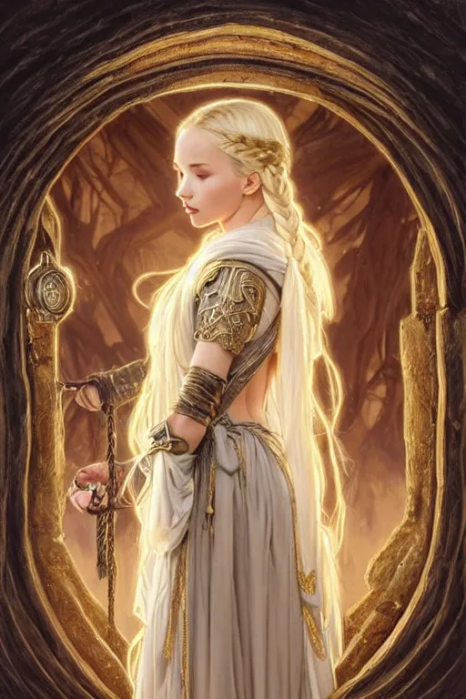 Prompt: beautiful cottagecore mage blonde braided hair dove cameron opening a portal gate, heavy cloak, gold accents, leather jerkin, castle town, fantasy character portrait, ultra realistic, intricate, elegant, highly detailed, digital painting, artstaion, smooth, sharp, focus, illustration, art by artgerm and greg rutkowski and alphonse mucha