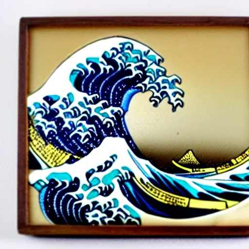 Prompt: carved diorama of the great wave off kanagawa made of marble with jade and gold insets