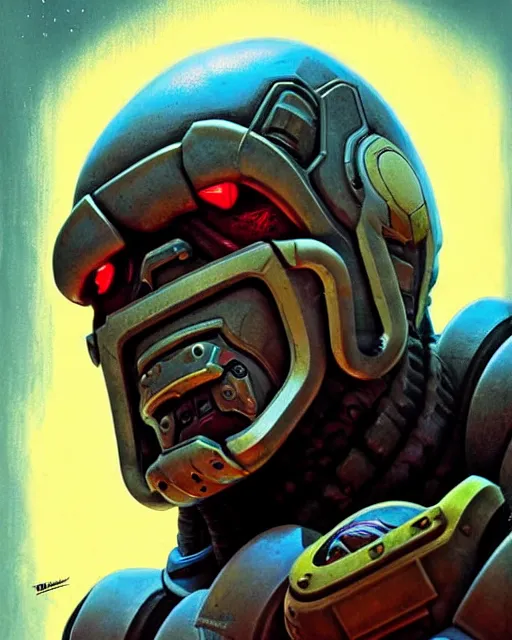 Image similar to doomfist from overwatch, character portrait, portrait, close up, concept art, intricate details, highly detailed, vintage sci - fi poster, retro future, vintage sci - fi art, in the style of chris foss, rodger dean, moebius, michael whelan, and gustave dore