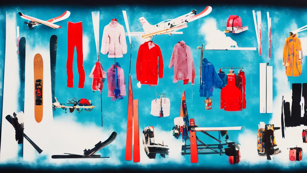 Image similar to an arrangement of skiing traveller props, japan, a collage painting, in the style of wes anderson, lola dupre, david hockney, isolated on negative white space background dark monochrome neon spraypaint accents volumetric octane render