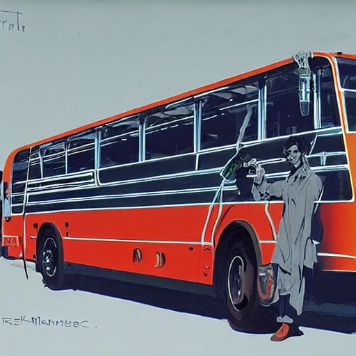 Image similar to concept art for bus with flamethrower, painted by syd mead, high quality