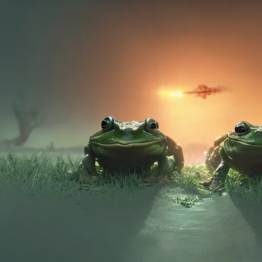 Image similar to an army of warrior horror frogs, driving tanks to war in swamp, cinematic lightning, artstation trending, matte painting, 8 k, octane, digital art