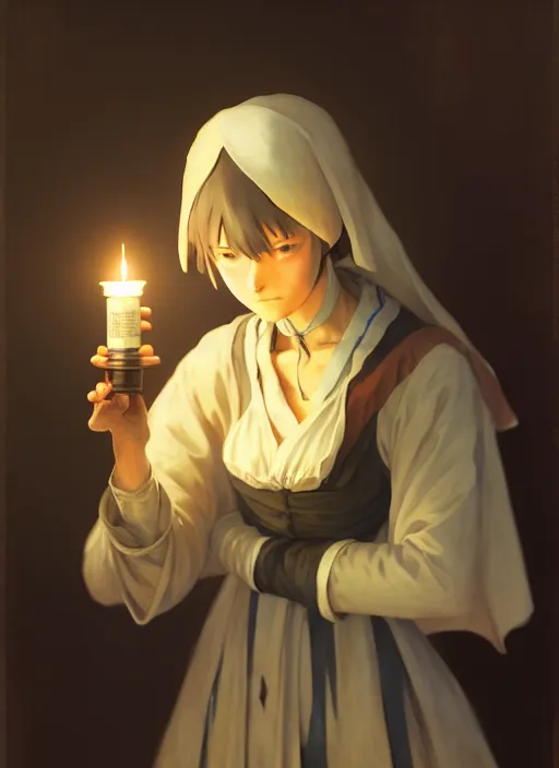 Image similar to old florence nightingale holding an oil lamp in a crimean war hospital 1 8 5 5, low light, trending on pixiv fanbox, painted by greg rutkowski makoto shinkai takashi takeuchi studio ghibli