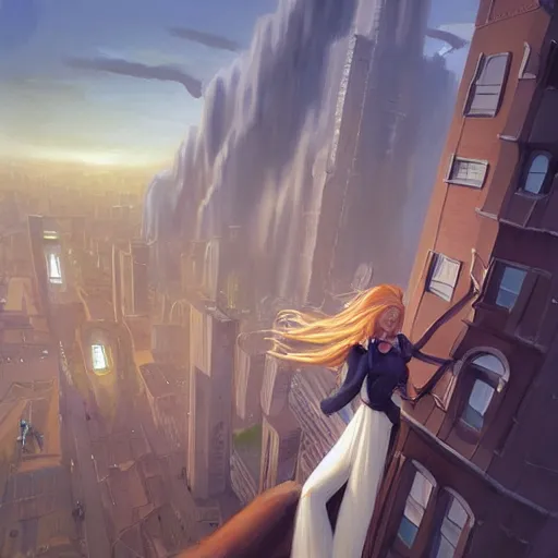 Prompt: a beautiful giant woman over a city, blonde, long hair, by mandy jurgens