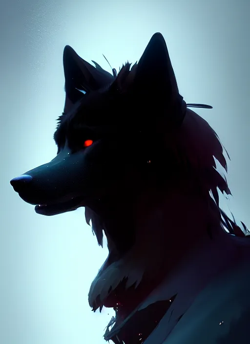 Prompt: beautiful headshot portrait of a male anthropomorphic black wolf red long hair. character design by cory loftis, fenghua zhong, ryohei hase, ismail inceoglu and ruan jia. artstation, volumetric light, highly detailed, photorealistic, fantasy, rendered in octane