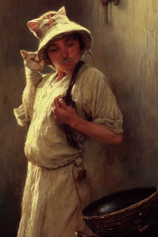 Image similar to a portrait of a cat dressed as a cook, high detail, cleary see face, by gaston bussiere, bayard wu, greg rutkowski, odd nerdrum, maxim verehin, dan dos santos, masterpiece, sharp focus, cinematic lightning