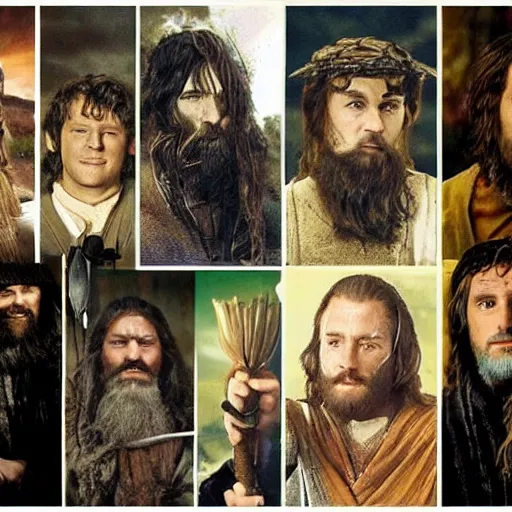 Prompt: gandalf and gimli and aragorn and boromir and legolas and samwise gamgi and frodo baggins and merri and pippin, in the style of wes anderson