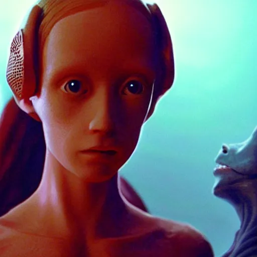 Image similar to movie still of the alien girl, cinematic composition, cinematic light, by guillermo del toro