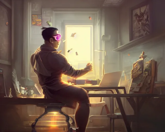 Image similar to an insanely detailed painting of a nerdy asian man wearing a superhero costume, sitting at a desk, staring at the nervously at the computer and typing, in the style of peter mohrbacher, dramatic lighting and composition, surreal background, octane render, pixar, trending on artstation, concept art, comic book, view from behind