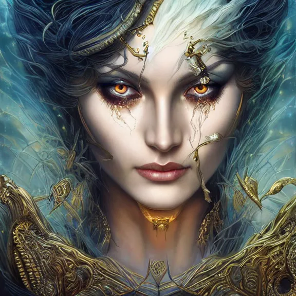 Image similar to a highly detailed painting of a sorceress with piercing beautiful eyes, mystical temple setting, dynamic lighting, ambient lighting, deviantart, art by artgerm and karol bak and mark brooks