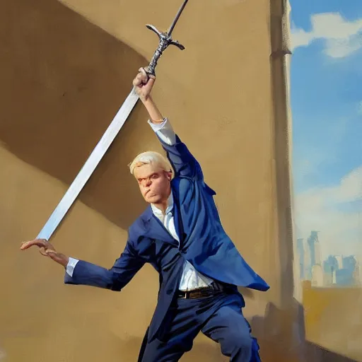 Image similar to greg manchess portrait of a blond man in a blue suit swinging overhead with a sword, organic painting, sunny day, matte painting, bold shapes, hard edges, street art, trending on artstation, by huang guangjian, gil elvgren, ruan jia, randy vargas, greg rutkowski