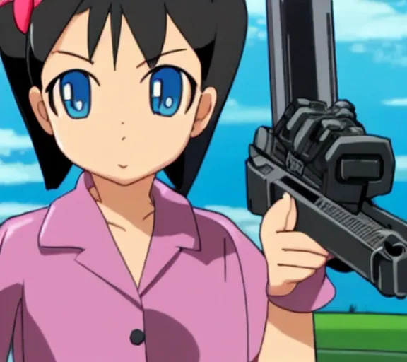 Prompt: marnie from pokemon pointing a gun at the screen