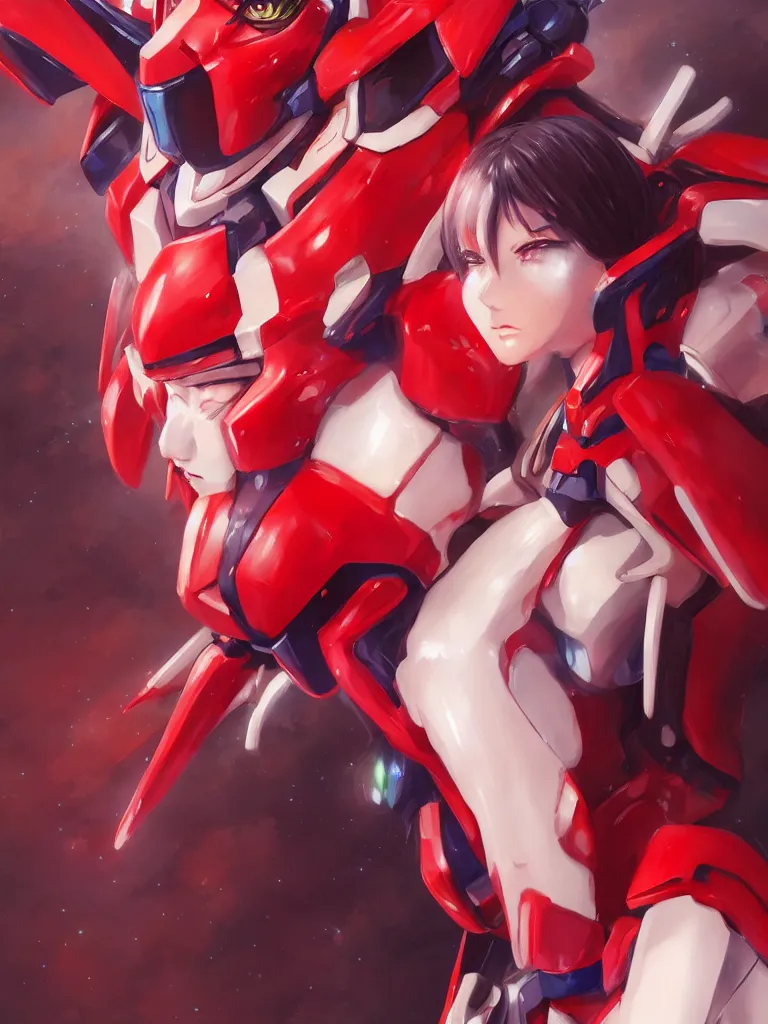 Image similar to A realistic anime portrait of a woman in a Gundam suit with glowing red, digital painting, by Stanley Artgerm Lau, Sakimichan, WLOP and Rossdraws, digtial painting, trending on ArtStation, SFW version