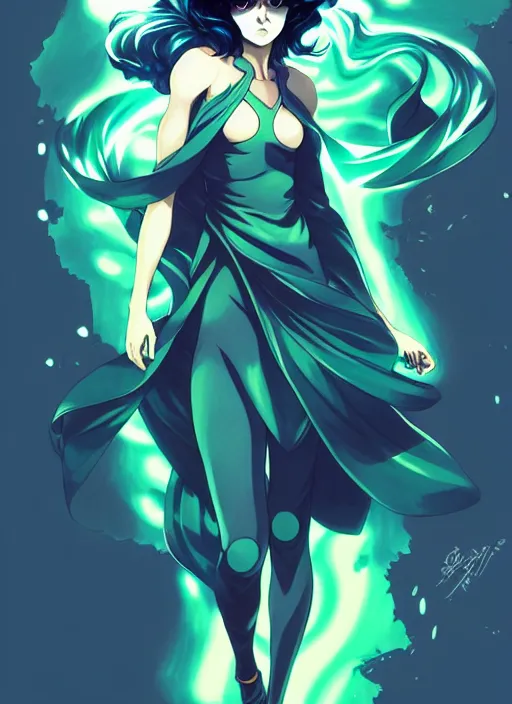 Image similar to style artgerm, joshua middleton, fubuki one punch man with green dress, very long blue hair, swirling water swirling, symmetrical face, symmetrical eyes, steampunk cyberpunk,, cinematic lighting