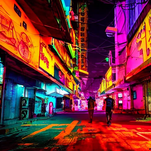 Image similar to neon streets of bangalore, 4 k, award winning photo, cyberpunk style, intricate environment, hyper realistic