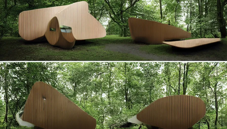 Image similar to A unique innovative and contemporary creative cabin in a lush green forest with soft rounded corners and angles, 3D printed line texture, made of cement, connected by sidewalks, public space, and a park, Design and style by Zaha Hadid, Wes Anderson and Gucci