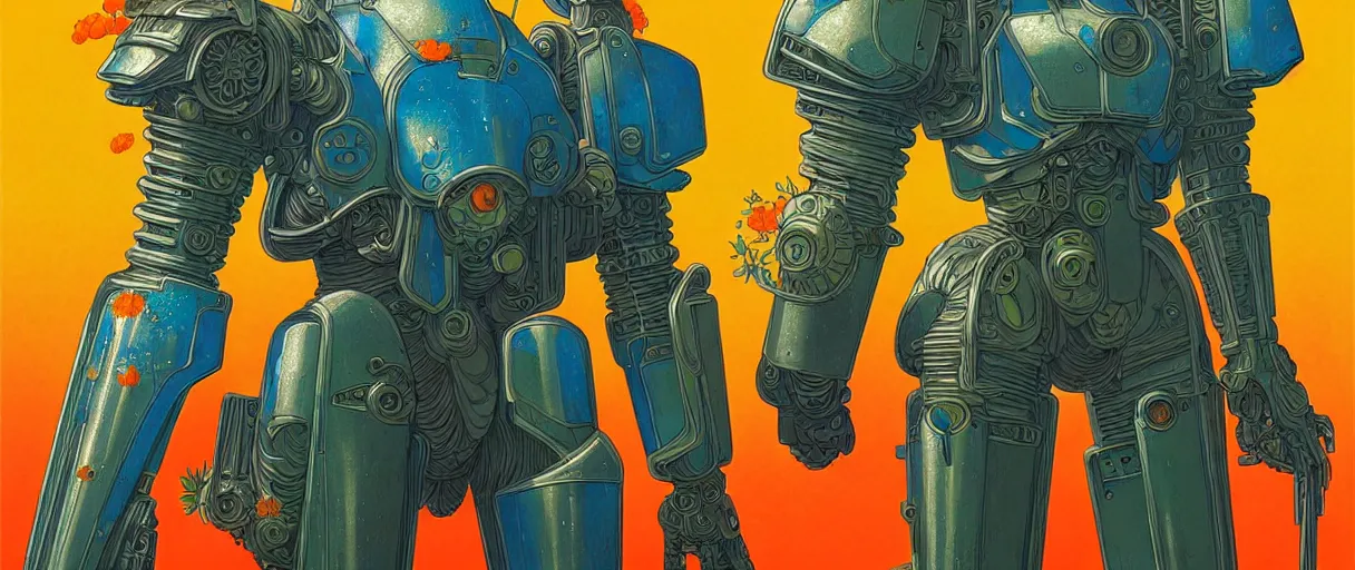 Prompt: composition of and futuristic, warhammer, cyber armor, scars, storm, blue head, orange, green, mouldy juice, many mech flowers, the middle ages, highly detailed, artstation, in the style of moebius, jugendstil and classic japanese print, psychedelic, art by rene magritte
