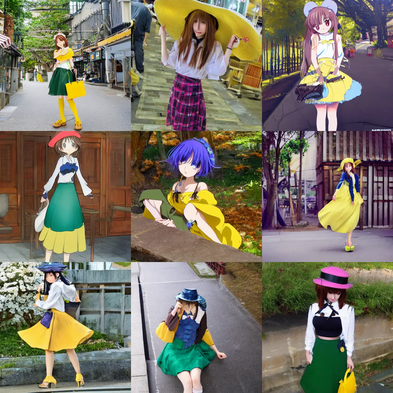 Prompt: gorgeous anime girl wearing a long green skirt and a yellow hat, kyoto animation