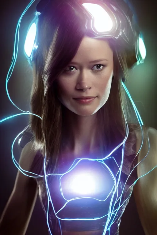 Image similar to summer glau as cortana from halo, transparent glowing digital body, complex wires and circuits