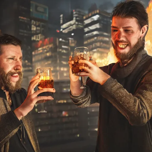 Prompt: two men toast while waiting for the end of the world in a burning cyberpunk city, realistic, high definition, 4K, shimmering color, symmetrical face, realistic face, hyper detailed, art of unreal ingine 5