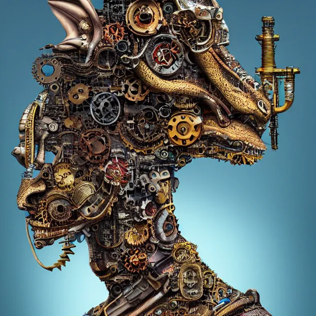 Image similar to profile portrait of a dragon, computer parts, mechanical parts, by giuseppe arcimboldo, steampunk, cyberpunk, futuristic, psychedelic, surreal, sci - fi, vaporwave, alien, dreamlike.