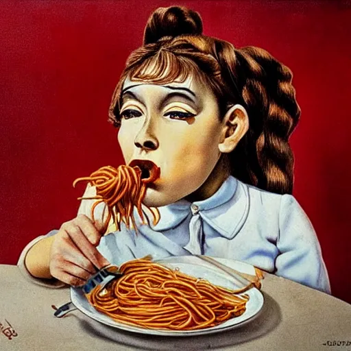 Prompt: girl eats spaghetti and crying spaghetti, style of Salvador Dali