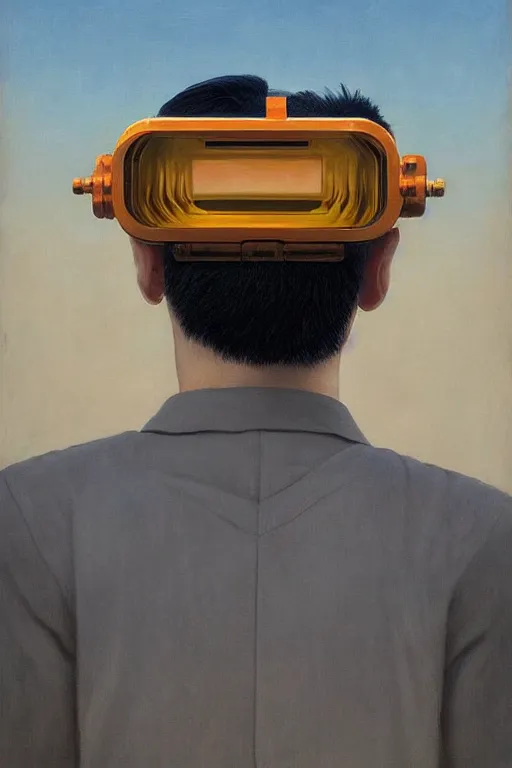 Image similar to Changpeng Zhao wearing oculus and Binance over his head Edward Hopper and James Gilleard, Zdzislaw Beksisnski, highly detailed